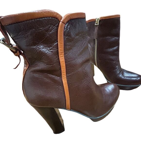 Revolve Nine West Chocolate Leather , Blue Suede Platform Buckle Ankle Boots - Picture 5 of 11